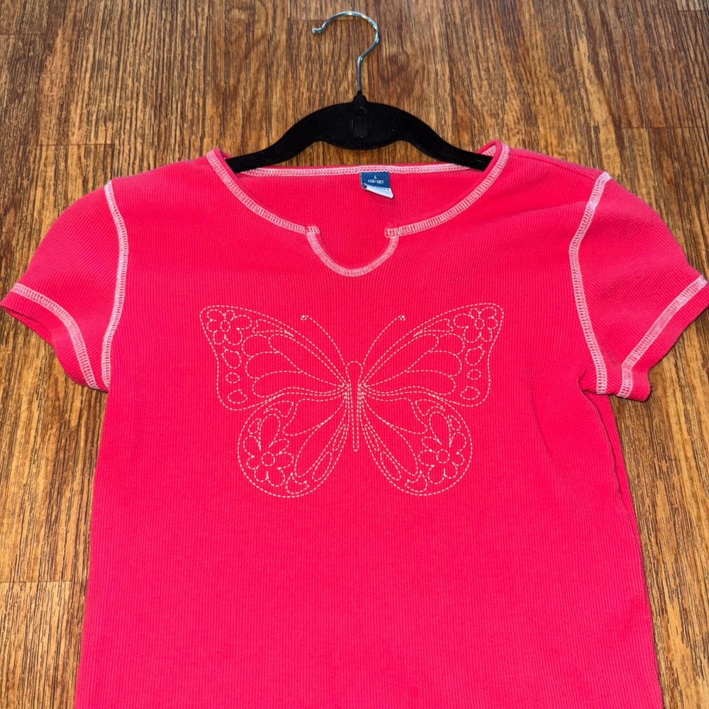 Old Navy Baby Tee Pink Y2K Butterfly Ribbed Contrast Stitch XS Fairycore Grunge - Picture 2 of 8